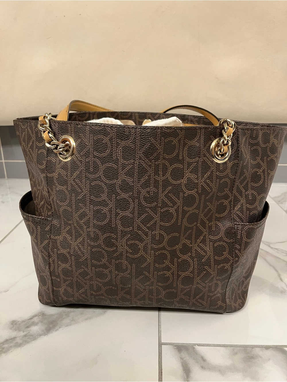 Calvin Klein Brown Monogram Tote with Gold Chain Handles